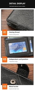 Macro shot of precise stitching, card slots and silver metal buckle on black leather wallet