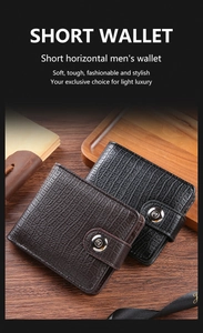 Short PU leather men's wallet with crocodile texture and snap fastener in black and coffee