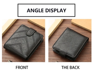 Front and back angle display of a black PU leather wallet with textured V-shaped stitching