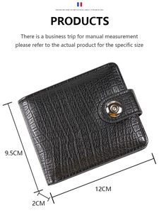 Detailed size display of black crocodile embossed PU leather wallet with snap closure