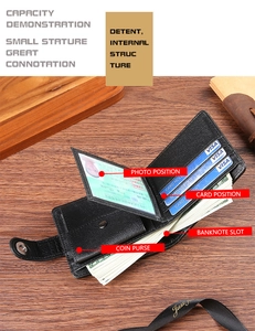 Detail view of the black textured leather wallet interior with card slots and coin pocket