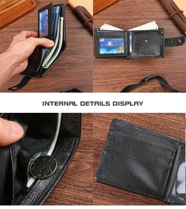 Internal details of men's leather wallet featuring card slots, zipper pocket and cash fold