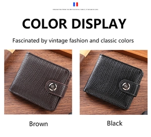 Detail view of men's bifold PU leather wallet showing crocodile pattern and snap button