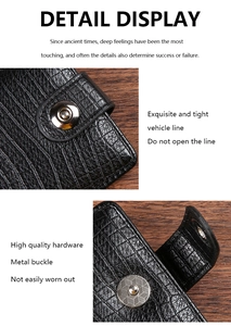 Detail of black crocodile texture wallet featuring premium stitching and silver metal fastener