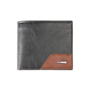 Portefeuille bifold pour homme en cuir noir avec empiècement marron et logo métallique