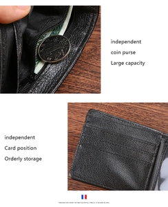 Detail of men's leather wallet featuring a zippered coin pocket and multiple card slots