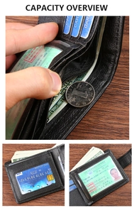 Detail view of black pebble leather wallet showing multi-card slots and coin pocket capacity