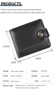 Detailed size specifications of men's black PU leather wallet with snap button closure