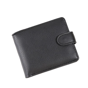 Classic men's black bifold wallet in lychee grain PU leather with snap closure button