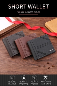 Short leather wallets for men in brown and black with embossed texture and metal logo
