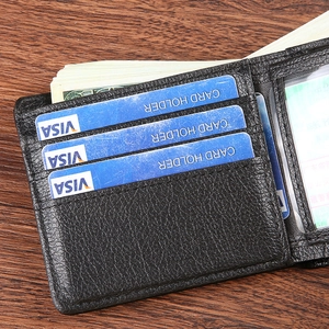 Men's bifold PU leather wallet with litchi grain, card slots and ID window on wood background