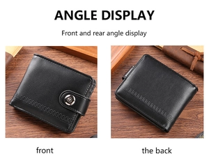 Detail view showing front and back of black leather wallet with D-pattern embossing