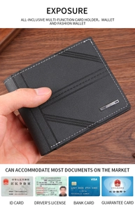 Macro view of men's black leather bifold wallet with multiple card slots and clear ID window