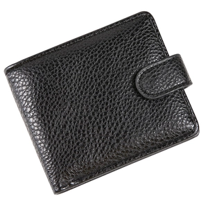 Men's bifold PU leather wallet with litchi grain and buckle closure on white background