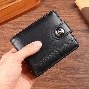 Close-up of black PU leather bifold wallet with lychee texture and secure snap button closure