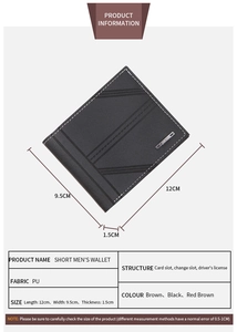 Detailed spec sheet showing dimensions and structure of the short black PU leather wallet