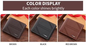 Short leather wallets for men in brown, black, and red-brown showing textured finish