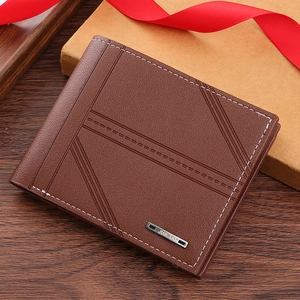 Brown leather men's bifold wallet with contrast stitching and embossed texture details