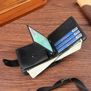 Men's black litchi pattern leather wallet with multi-card slots and coin pocket