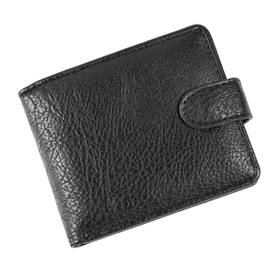 Durable men's short bi-fold wallet in black pebbled leather with secure snap closure