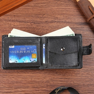 Classic black leather bifold wallet with card slots, coin pocket, and bill compartment