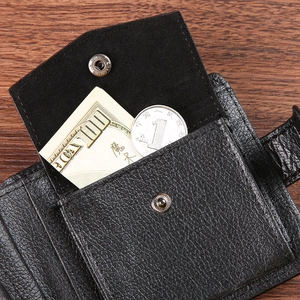 Men's black lychee pattern leather wallet with coin pouch and snap button closure