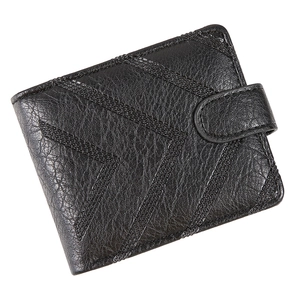 Men's black bifold wallet with lychee leather texture and V-shaped braided line detailing