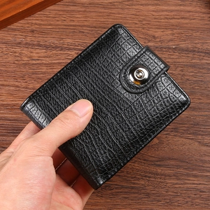 Men's vintage black PU leather short wallet with crocodile pattern and metal snap closure