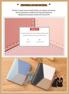 Detail of color-block women's wallet with PVC lychee texture, tassel, and rabbit charm