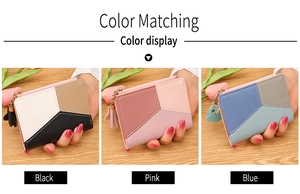 Three-color short PU leather wallets featuring tassel zippers and contrast stitching