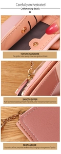 Close-up of pink leather wallet with card slots, gold zipper and precision stitching