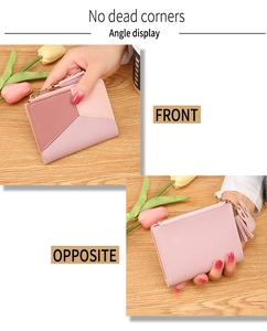 Detailed front and back views of a pink geometric patchwork women's wallet with tassel
