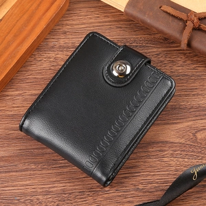Classic men's black PU leather wallet with snap button closure on rustic wood background