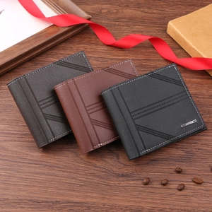 Men's bifold wallets in dark brown, red-brown, and black leather with litchi texture