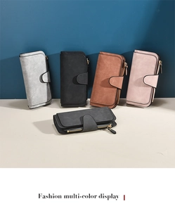 Fashion long tri-fold wallets in multiple colors with snap buckle and metal zipper details