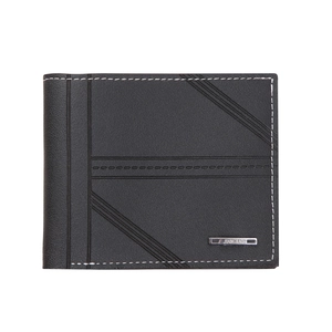 Classic black men's bifold wallet with white stitching and stylish metal logo plate