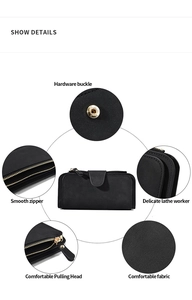 Detail view of smooth metal buckle and zipper on black matte trifold long wallet