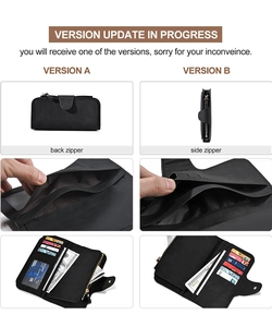 Detail view of leather wallet interior with multiple card slots and two zipper options