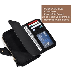 Detail showing internal 16 card slots and compartments of black long leather wallet