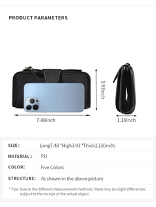 Detailed size parameters of a black long PU leather wallet shown with a smartphone