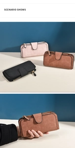 Detailed display of frosted long wallets with buckle and zipper in pink, brown, and black