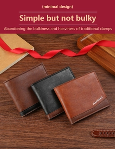 Three premium bifold wallets in black and brown leather colors on a wooden surface