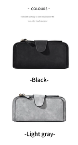 Detailed comparison of long matte wallets in elegant black and light gray tones