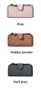 Vertical view of trifold frosted leather wallets in pink, rubber powder, and dark grey