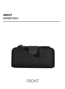 Front view of black matte long wallet showing metal buckle and zipper detail
