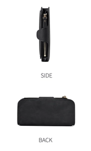 Detail view showing side and back profiles of the matte black buckle tri-fold long wallet