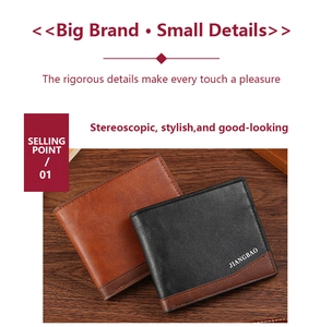Close-up of texture and logo on men's short leather wallets with business design