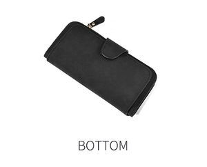 Detailed bottom view of the black matte leather wallet featuring a stylish gold zipper