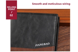 Close-up of smooth stitching and embossed logo on men's leather wallet detail
