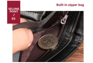 Detail view of the built-in zipper pocket in the black leather wallet with coin storage